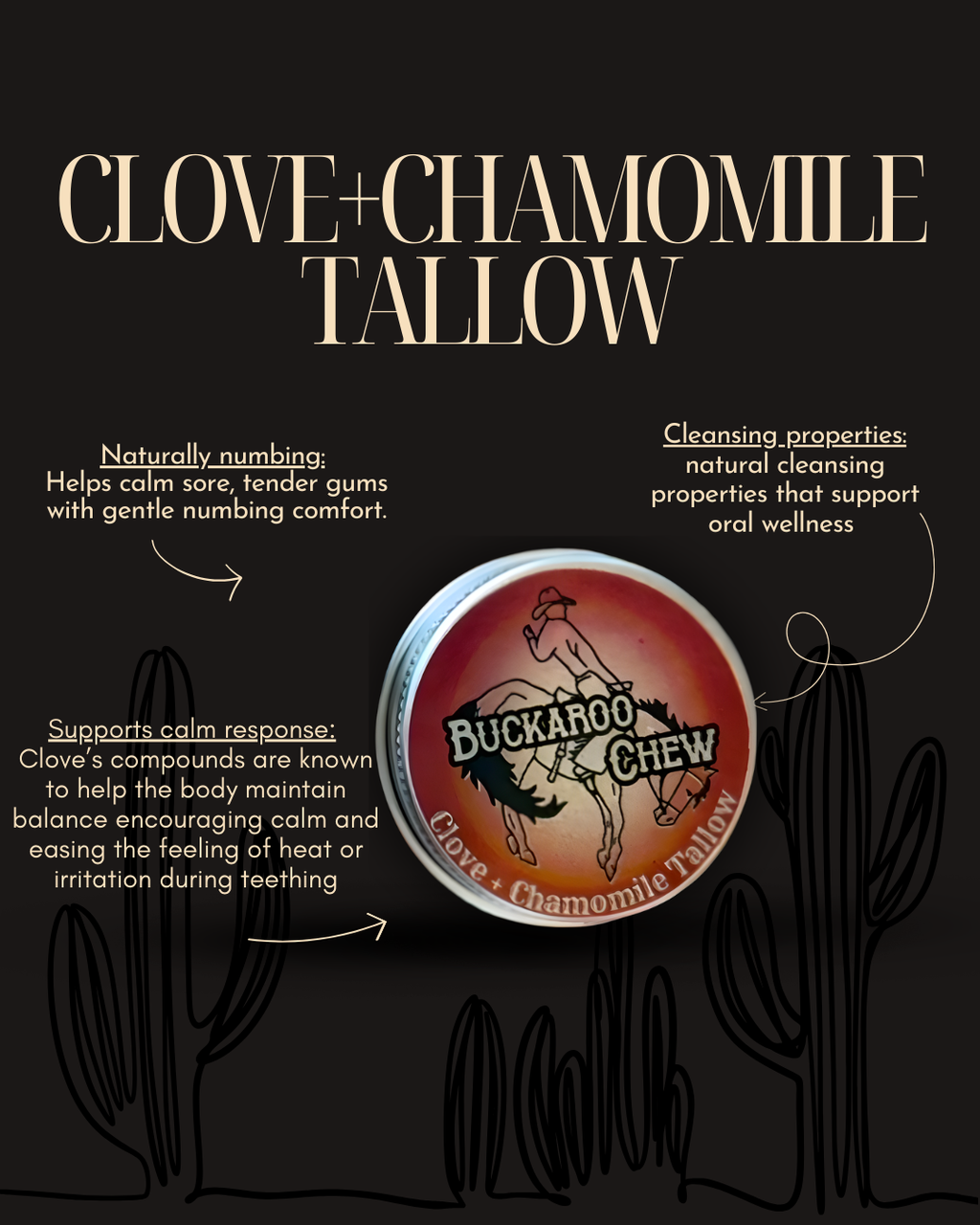 Buckaroo Chew Clove + Chamomile Tallow product on a black background with text about its benefits.